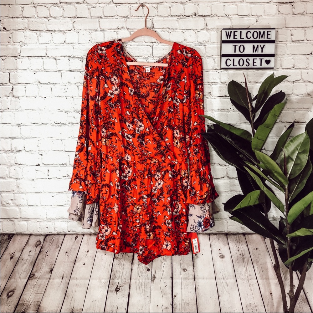 NWT Red Floral Long Bell Sleeve Romper